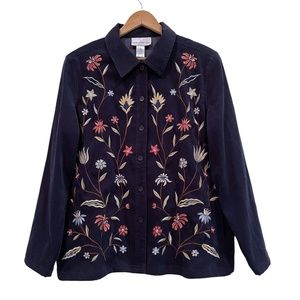 Susan Graver Women's Blue Floral Button Down Long Sleeve Shacket, Size Large